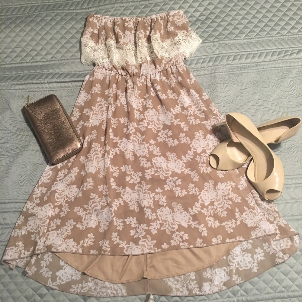 Strapless high-low tan and white floral dress